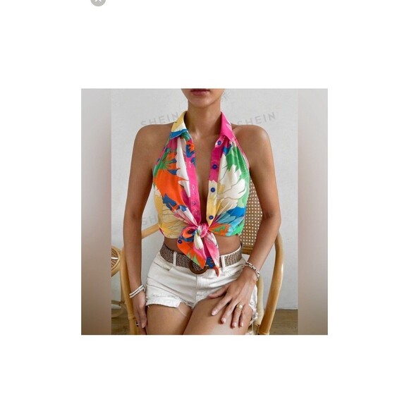 SHEIN Blouse Adult M Floral Colorful SemiSheer Shirt Women Buttons Sleeveless - Picture 3 of 12